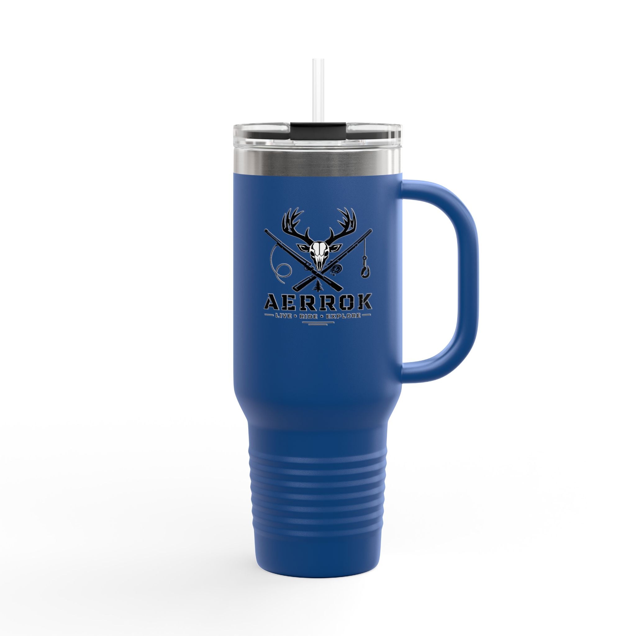40oz Insulated Travel Mug — Aerrøk Hunting Logo Stainless Tumbler with Straw and Handle