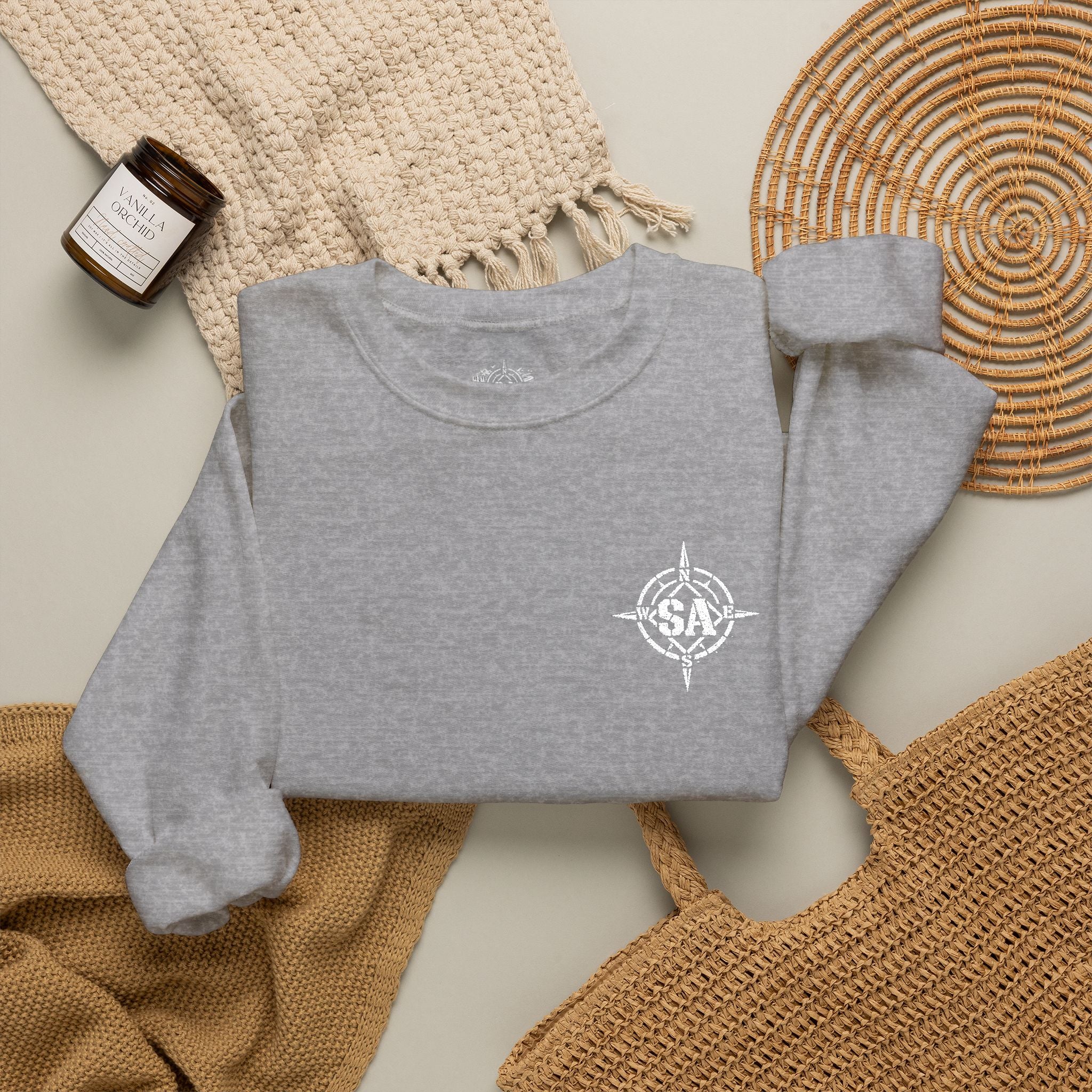 Compass Rose Crewneck Sweatshirt — Minimal Nautical Graphic Pullover