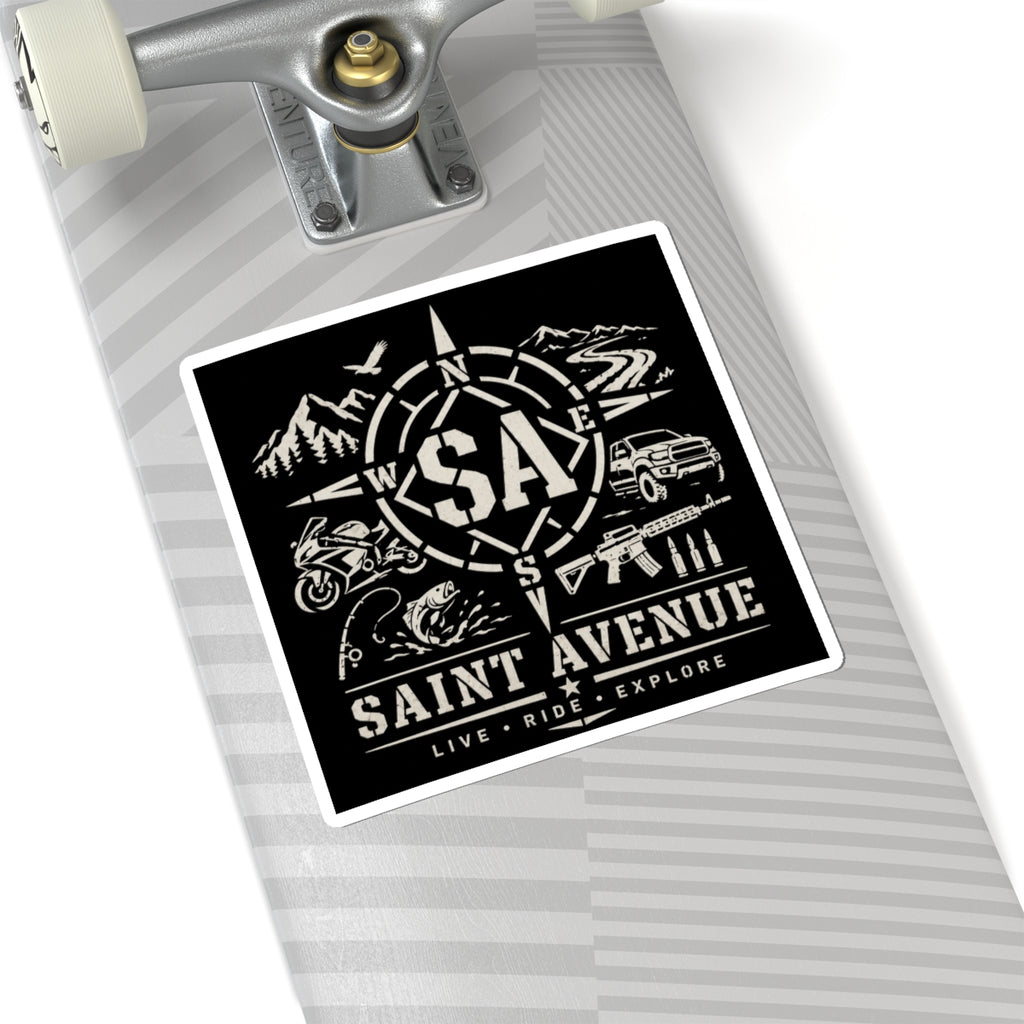 Saint Avenue Adventure Sticker — Live • Ride • Explore Kiss-Cut Decal