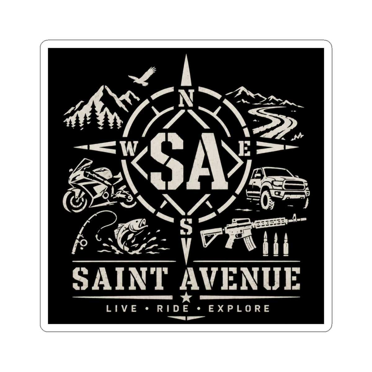 Saint Avenue Adventure Sticker — Live • Ride • Explore Kiss-Cut Decal