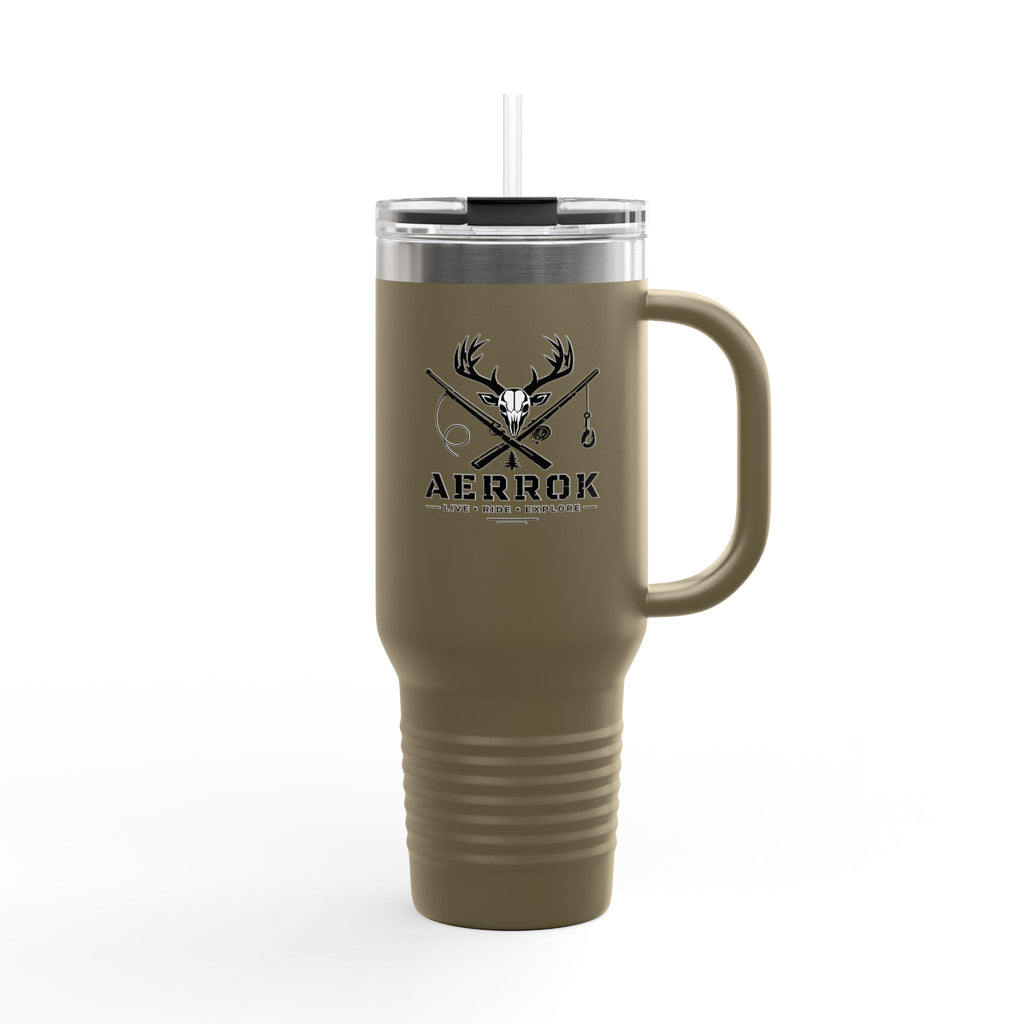 40oz Insulated Travel Mug — Aerrøk Hunting Logo Stainless Tumbler with Straw and Handle