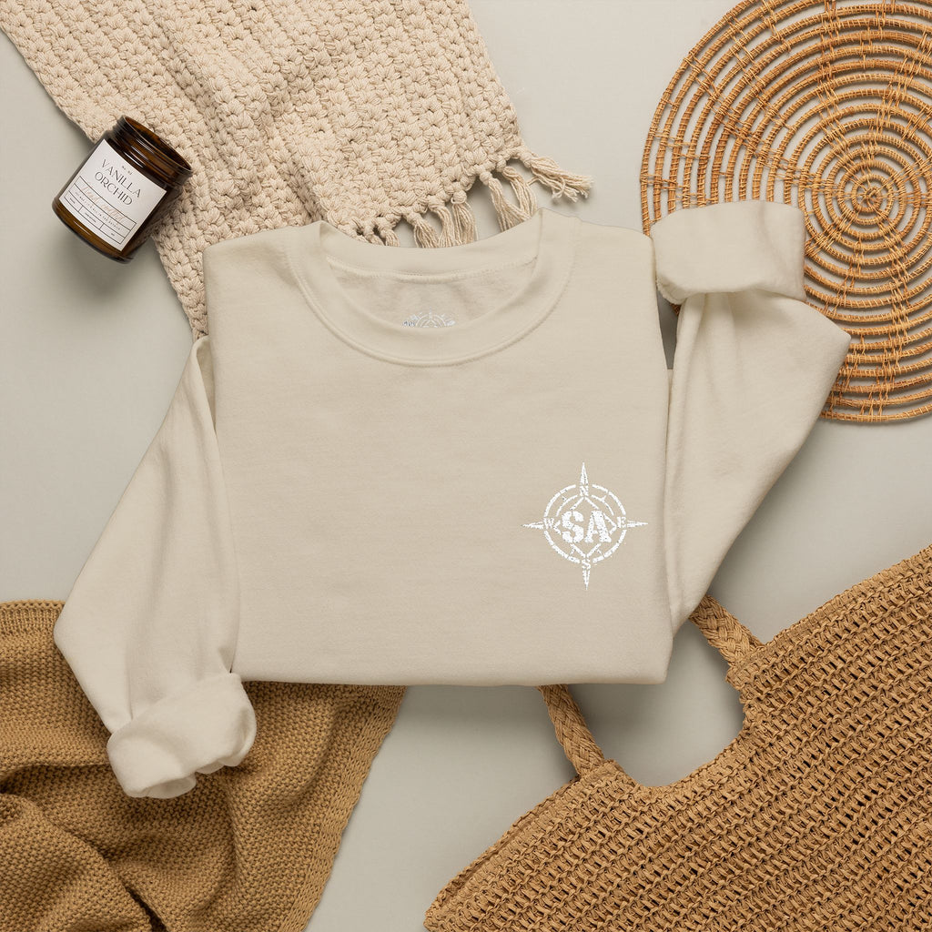 Compass Rose Crewneck Sweatshirt — Minimal Nautical Graphic Pullover