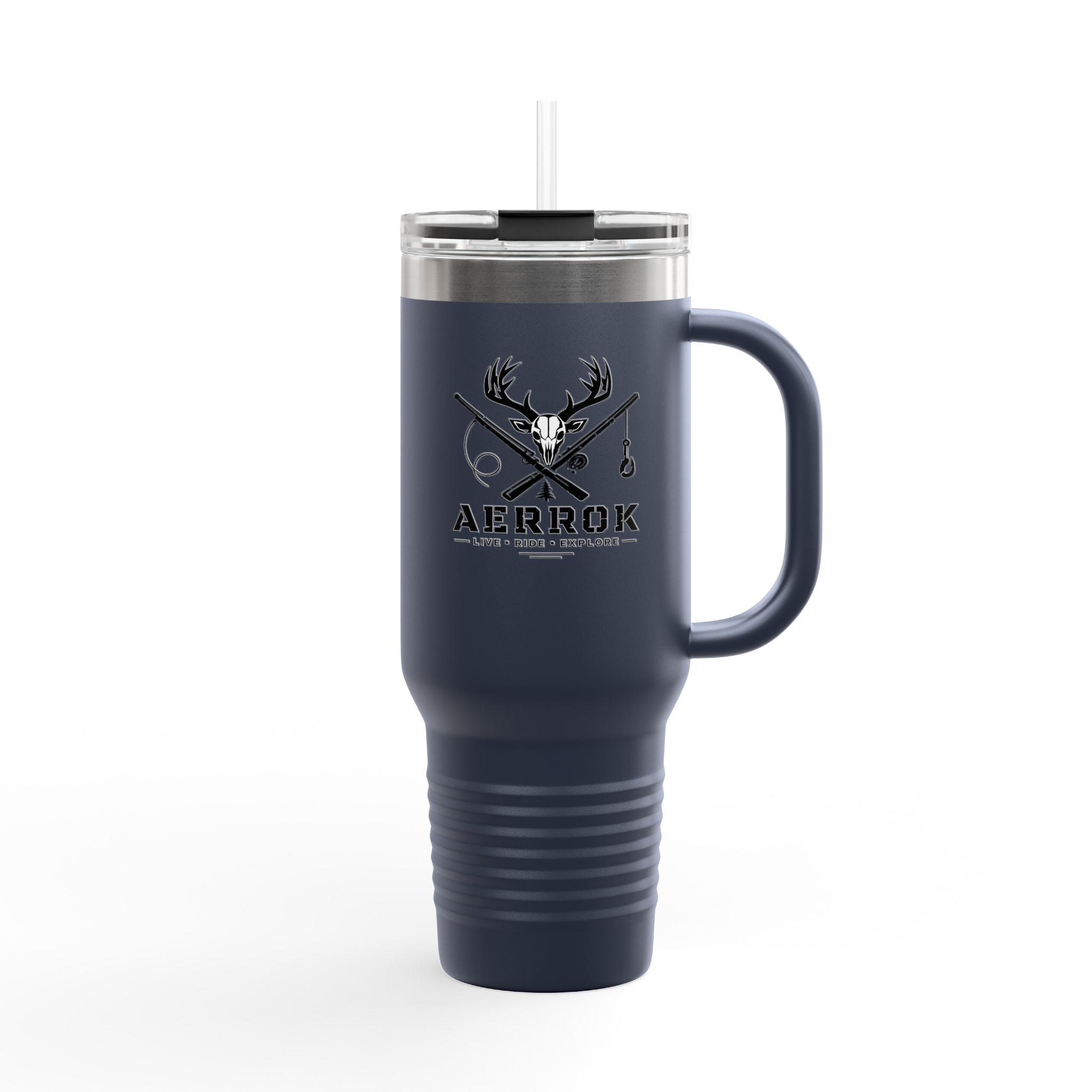 40oz Insulated Travel Mug — Aerrøk Hunting Logo Stainless Tumbler with Straw and Handle