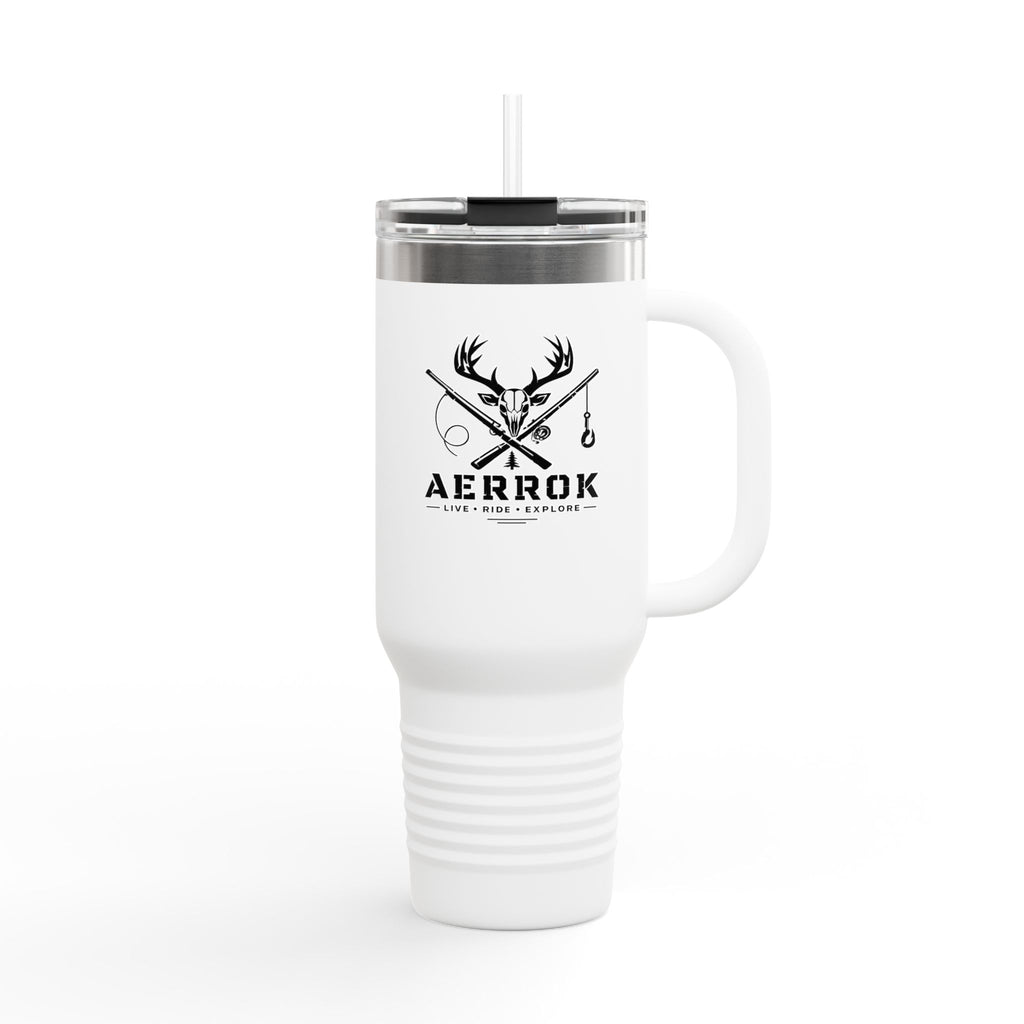 40oz Insulated Travel Mug — Aerrøk Hunting Logo Stainless Tumbler with Straw and Handle