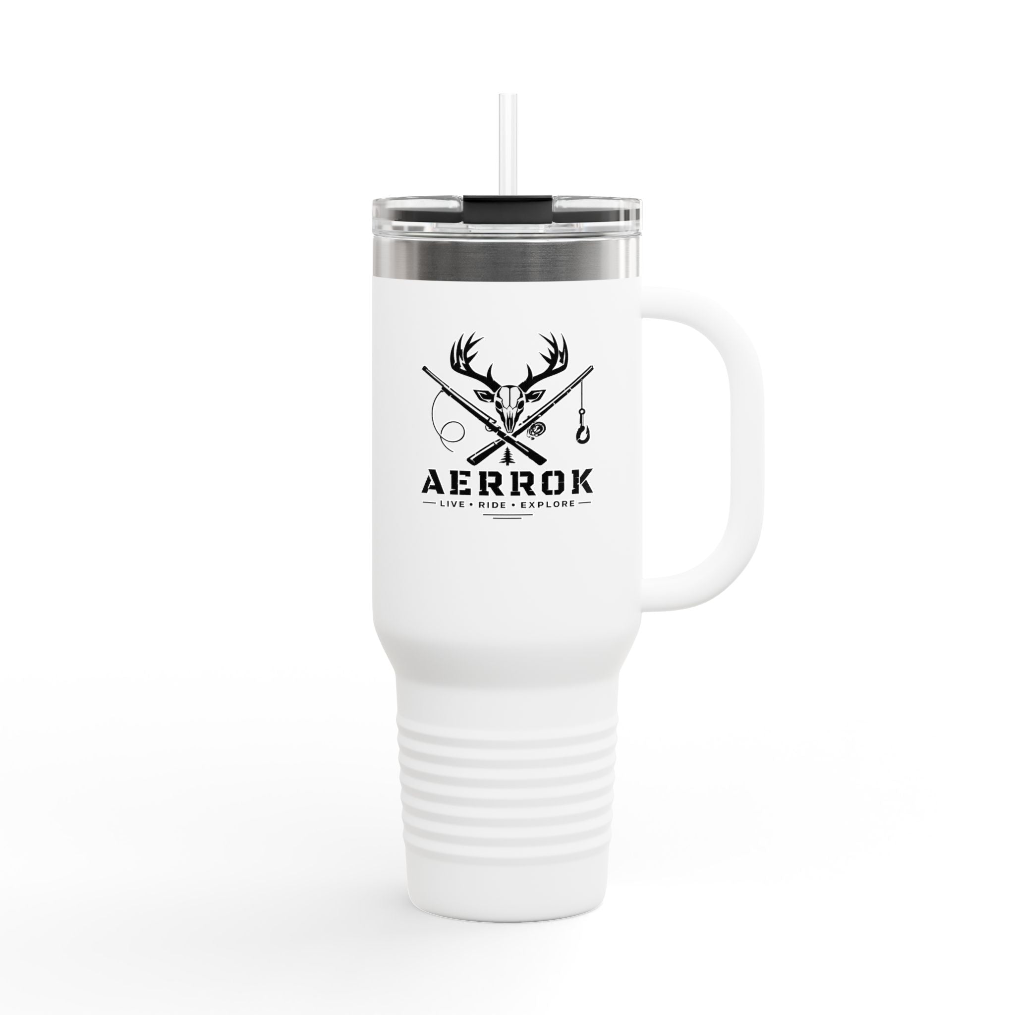 40oz Insulated Travel Mug — Aerrøk Hunting Logo Stainless Tumbler with Straw and Handle