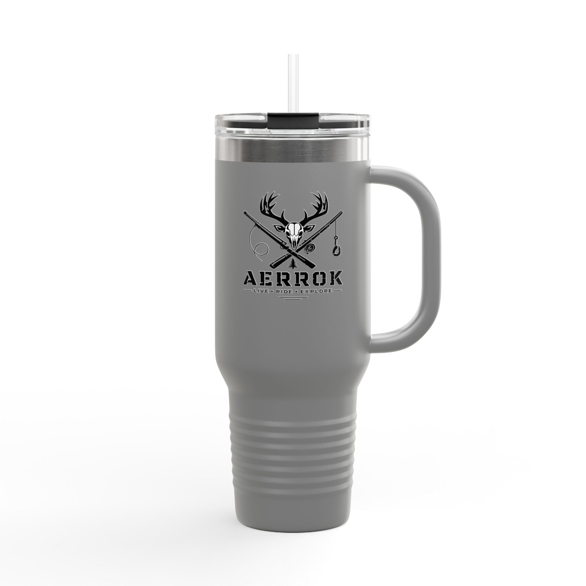 40oz Insulated Travel Mug — Aerrøk Hunting Logo Stainless Tumbler with Straw and Handle