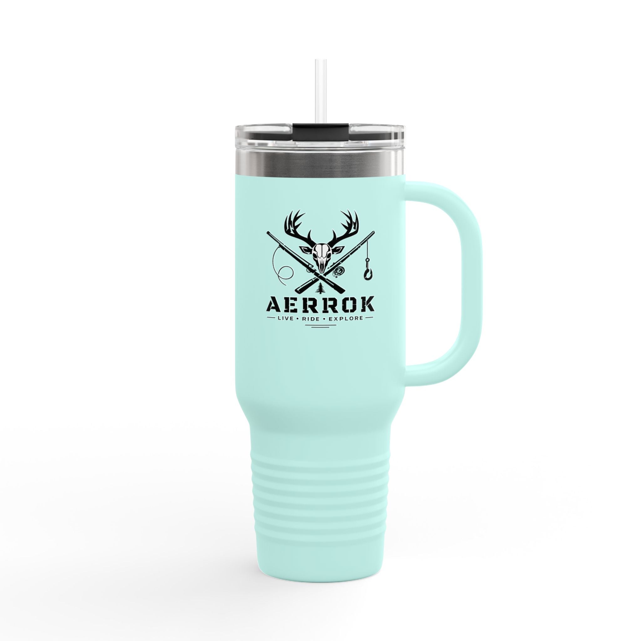 40oz Insulated Travel Mug — Aerrøk Hunting Logo Stainless Tumbler with Straw and Handle