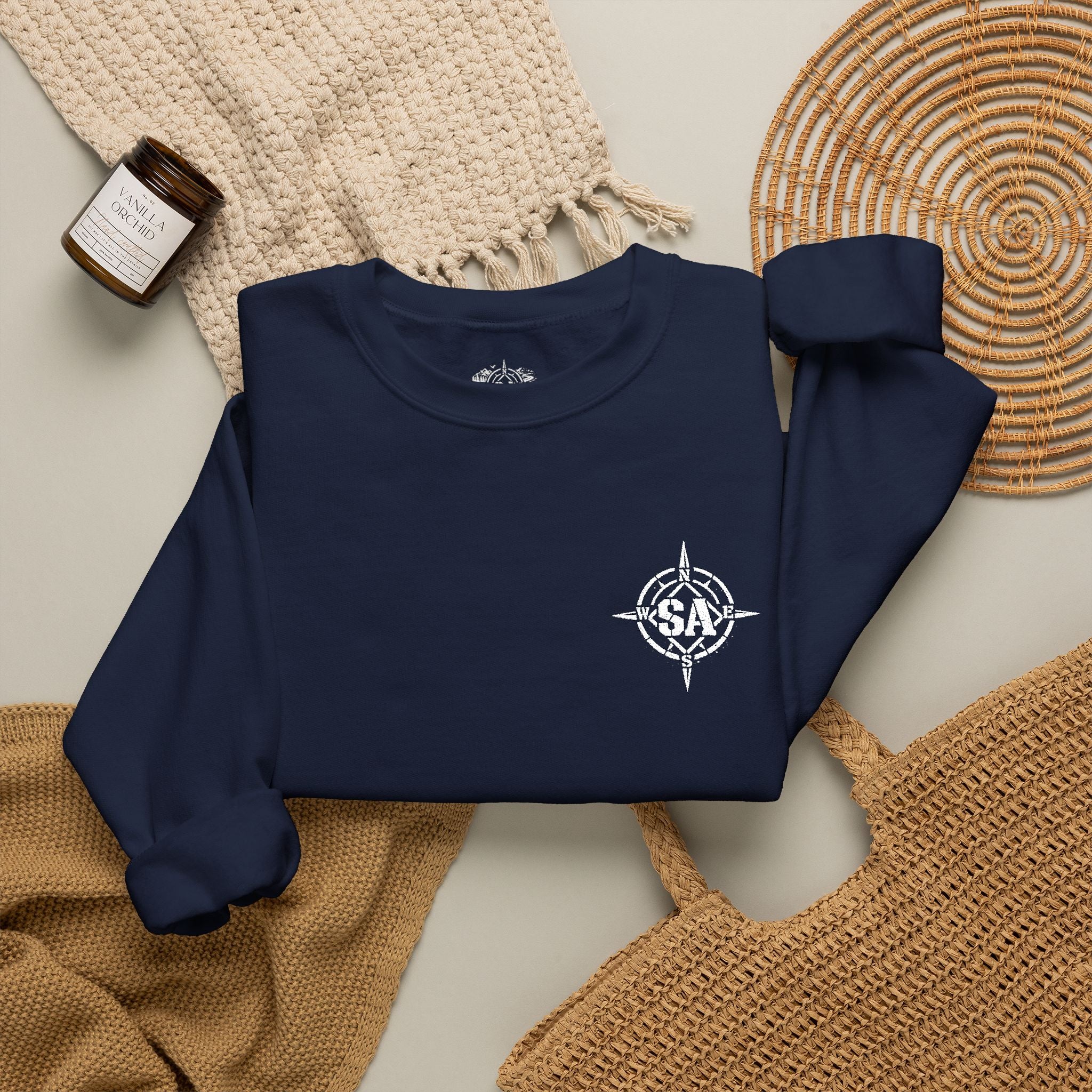 Compass Rose Crewneck Sweatshirt — Minimal Nautical Graphic Pullover