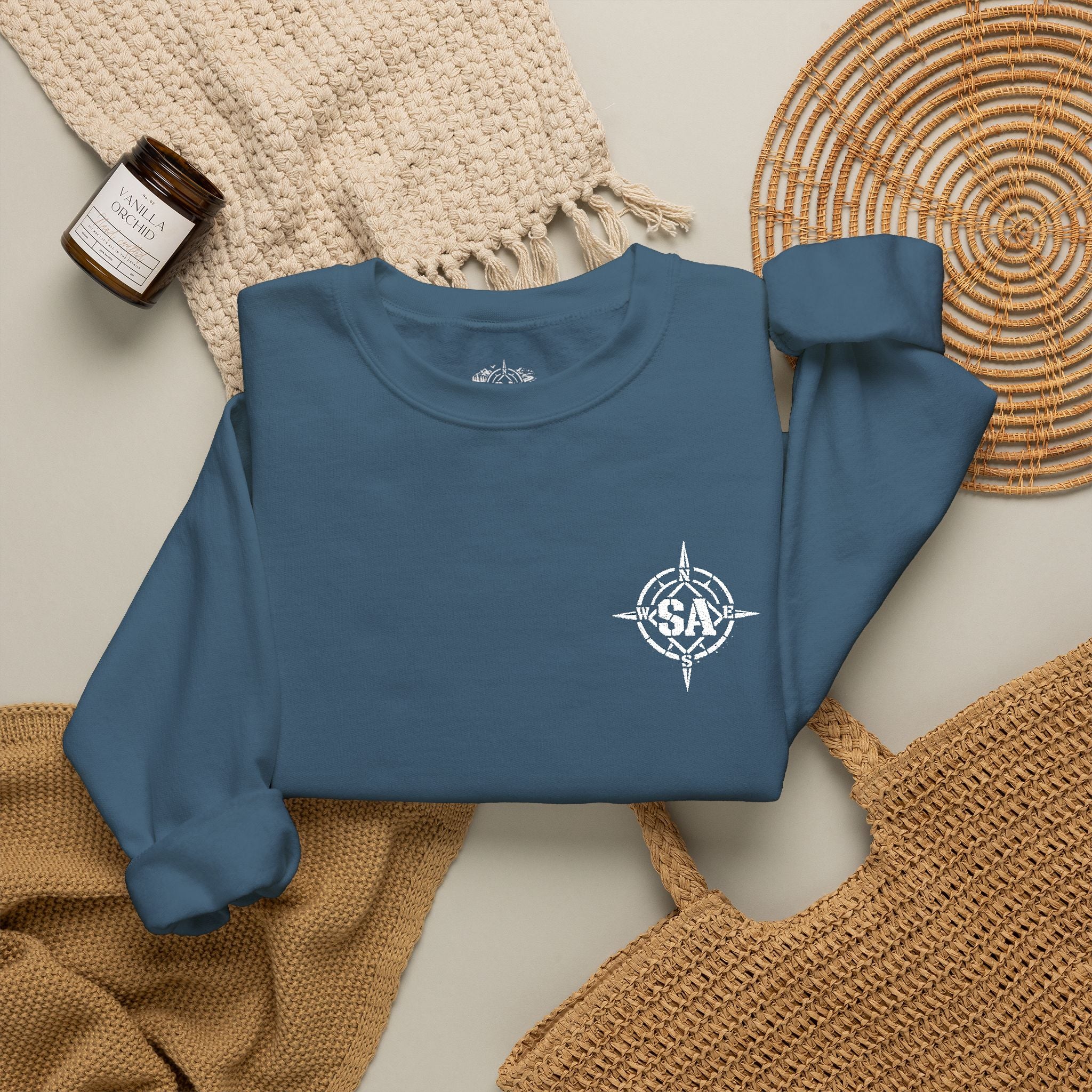 Compass Rose Crewneck Sweatshirt — Minimal Nautical Graphic Pullover
